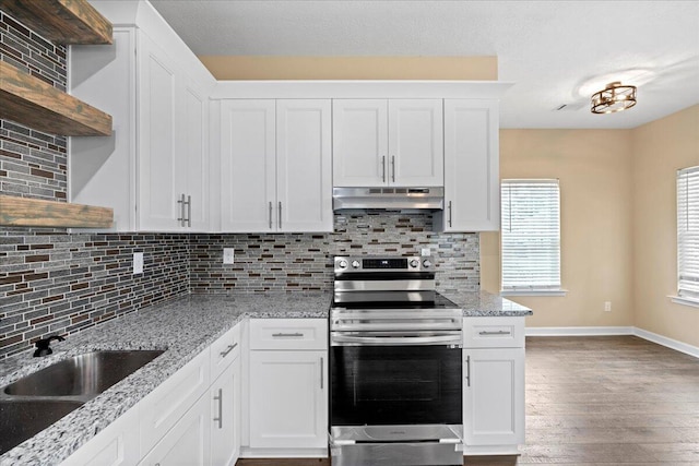 241 Walker St, Augusta, GA 30901 - kitchen with electric range, open shelves, under cabinet range hood, a sink, and white cabinets