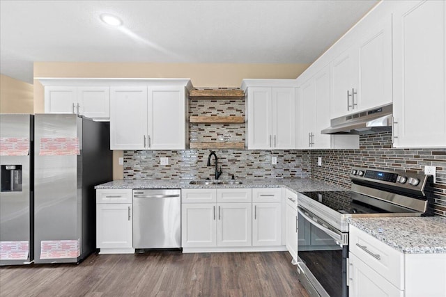 241 Walker St, Augusta, GA 30901 - kitchen featuring under cabinet range hood, appliances with stainless steel finishes, a sink, and dark wood-style flooring