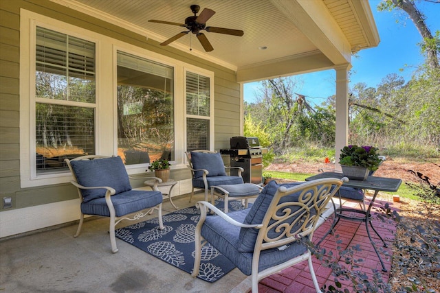 view of patio / terrace featuring ceiling fan, a grill, and an outdoor hangout area