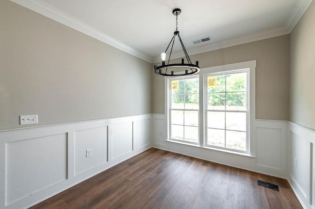 550 Bogey Ct, Graniteville, SC 29829 - unfurnished dining area with a chandelier, a wainscoted wall, ornamental molding, a decorative wall, and dark wood-type flooring