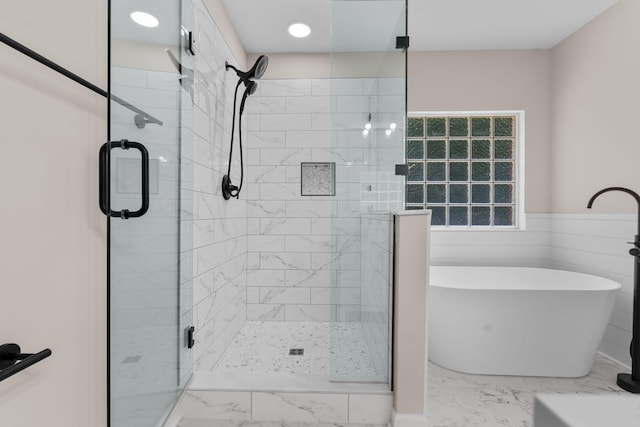 4200 Waters Edge Ln, Appling, GA 30802 - full bath with a freestanding tub, a stall shower, marble finish flooring, and recessed lighting