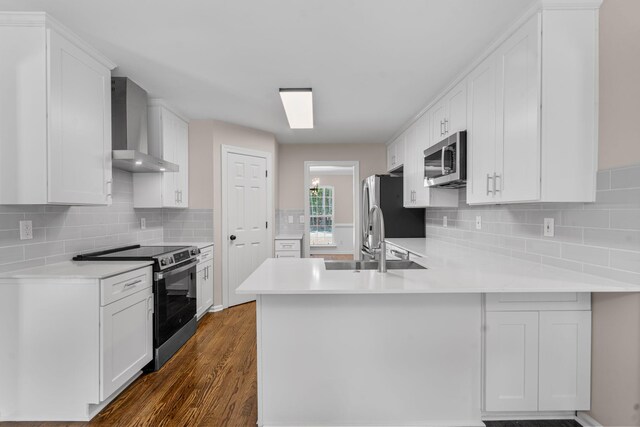 4200 Waters Edge Ln, Appling, GA 30802 - kitchen with appliances with stainless steel finishes, wall chimney range hood, a peninsula, light countertops, and dark wood-style floors