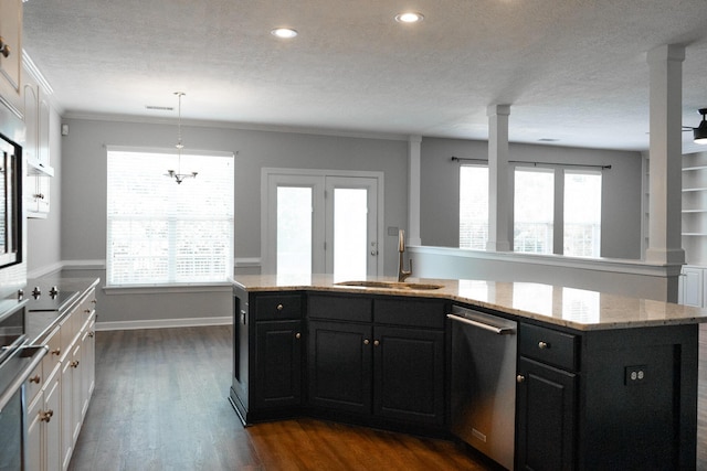 724 Avrett Cir, Evans, GA 30809 - kitchen with appliances with stainless steel finishes, a sink, white cabinetry, decorative columns, and dark cabinetry