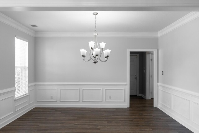 724 Avrett Cir, Evans, GA 30809 - unfurnished dining area with a chandelier, crown molding, a wainscoted wall, and dark wood-style floors