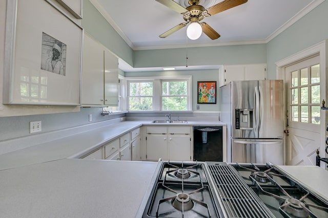 3410 Walton Way, Augusta, GA 30909 - kitchen featuring stainless steel fridge with ice dispenser, dishwasher, light countertops, white cabinetry, and crown molding