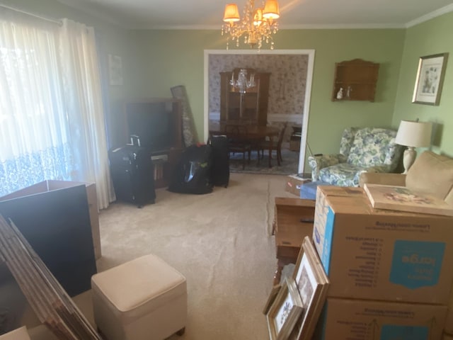 interior space featuring ornamental molding, carpet floors, and a notable chandelier