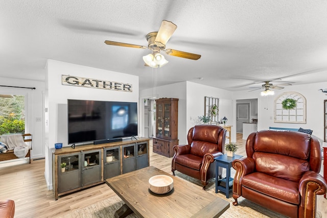 living room with ceiling fan, light hardwood / wood-style floors, and a textured ceiling