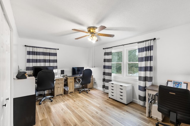 office space with ceiling fan, light hardwood / wood-style flooring, and a textured ceiling