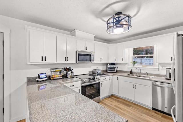 kitchen with appliances with stainless steel finishes, white cabinetry, sink, light wood-type flooring, and a textured ceiling