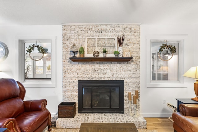 living room featuring a fireplace and light hardwood / wood-style flooring