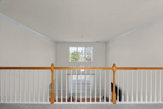 hall with carpet and crown molding