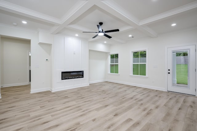 3909 Lakeside Pass, Hephzibah, GA 30815 - unfurnished living room with coffered ceiling, light wood finished floors, beamed ceiling, recessed lighting, and a ceiling fan