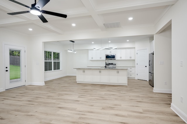 3909 Lakeside Pass, Hephzibah, GA 30815 - kitchen featuring stainless steel microwave, high end fridge, coffered ceiling, white cabinetry, and light wood-style floors