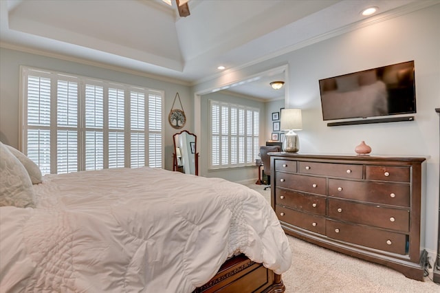 1076 Conn Dr, Evans, GA 30809 - bedroom featuring light colored carpet, crown molding, baseboards, recessed lighting, and a tray ceiling
