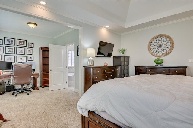 1076 Conn Dr, Evans, GA 30809 - bedroom with carpet floors, crown molding, an office area, recessed lighting, and connected bathroom