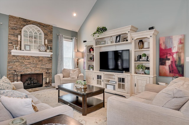 1076 Conn Dr, Evans, GA 30809 - living area featuring high vaulted ceiling, a fireplace, and recessed lighting