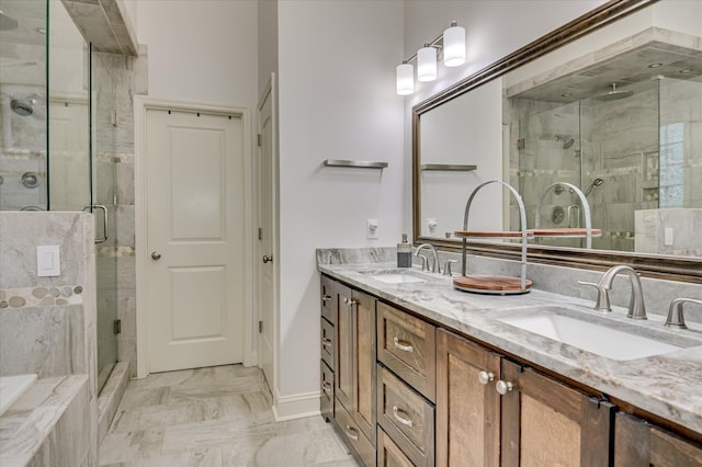 1076 Conn Dr, Evans, GA 30809 - full bathroom with a stall shower, double vanity, baseboards, marble finish flooring, and a bathtub