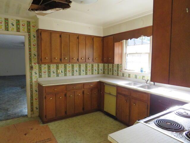 4629 Silver Lake Dr, Evans, GA 30809 - kitchen featuring brown cabinets, wallpapered walls, cooktop, light countertops, and a sink