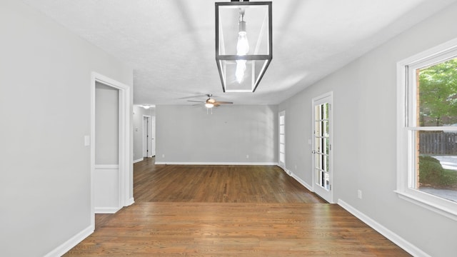 foyer featuring ceiling fan, plenty of natural light, and wood-type flooring