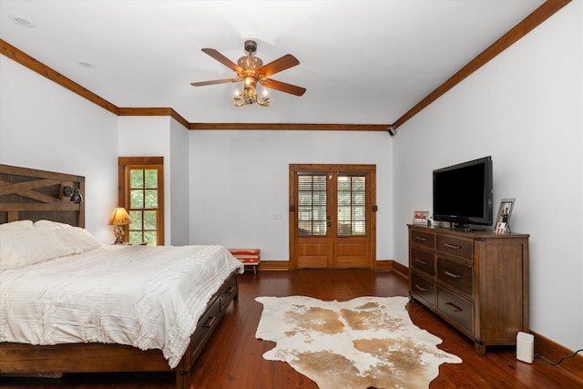 bedroom with multiple windows, crown molding, ceiling fan, and dark wood-type flooring