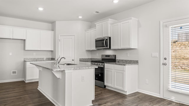 kitchen with sink, appliances with stainless steel finishes, a kitchen island with sink, white cabinetry, and light stone countertops