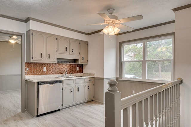 kitchen with sink, stainless steel dishwasher, light hardwood / wood-style floors, decorative backsplash, and ornamental molding