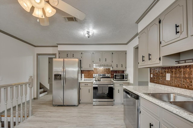 kitchen with backsplash, crown molding, a textured ceiling, and appliances with stainless steel finishes