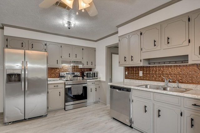 kitchen with backsplash, ceiling fan, sink, and appliances with stainless steel finishes