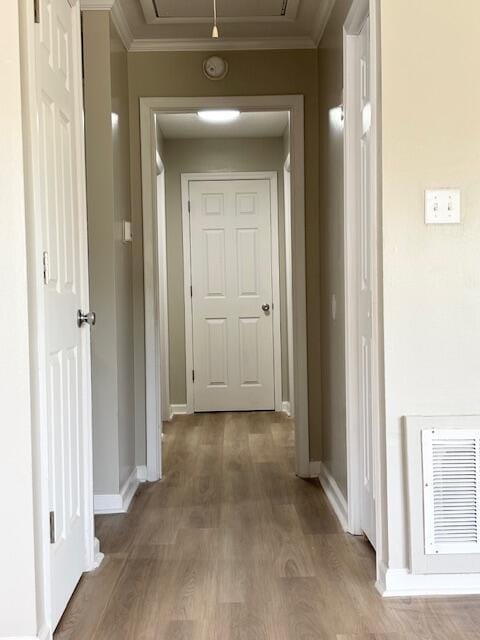 2060 Morning Dr, Augusta, GA 30906 - corridor with attic access, crown molding, wood finished floors, and baseboards