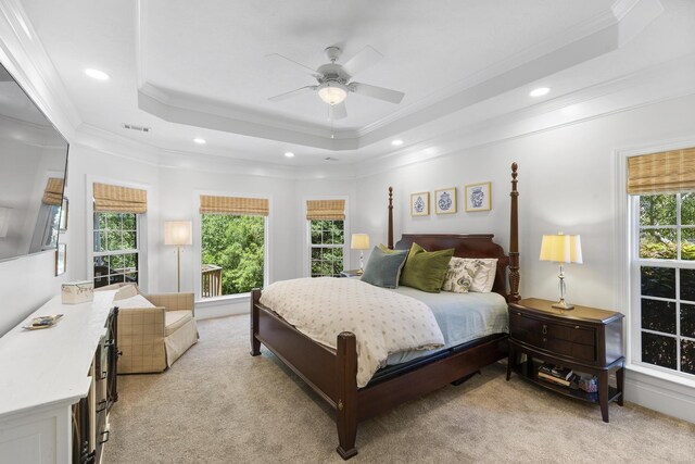 108 Pine Needle Rd, Aiken, SC 29803 - bedroom featuring light colored carpet, ornamental molding, a tray ceiling, recessed lighting, and a ceiling fan