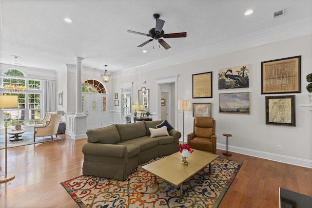 108 Pine Needle Rd, Aiken, SC 29803 - living room featuring decorative columns, ceiling fan, wood finished floors, crown molding, and recessed lighting