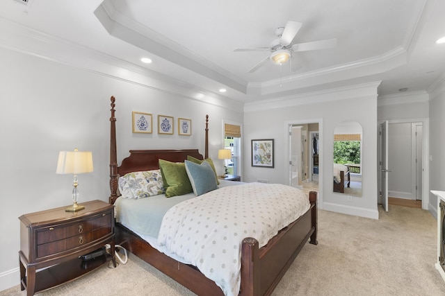 108 Pine Needle Rd, Aiken, SC 29803 - bedroom with a tray ceiling, crown molding, light colored carpet, recessed lighting, and a ceiling fan