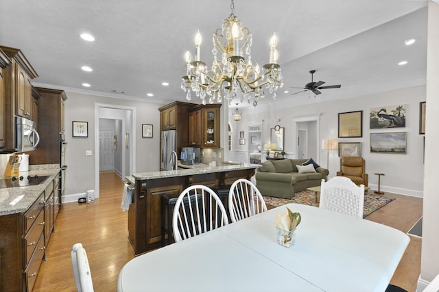 108 Pine Needle Rd, Aiken, SC 29803 - dining room featuring recessed lighting, baseboards, ceiling fan, crown molding, and light wood-style flooring