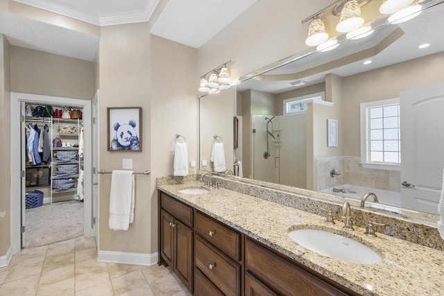 108 Pine Needle Rd, Aiken, SC 29803 - full bathroom with a stall shower, double vanity, baseboards, tile patterned floors, and crown molding