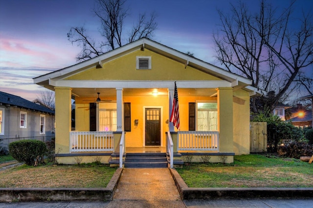 bungalow with ceiling fan and covered porch