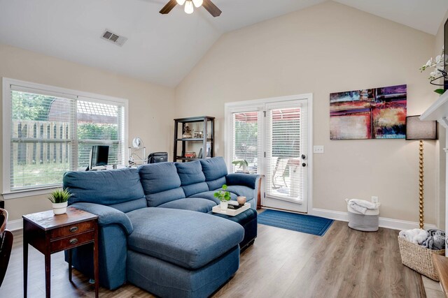2306 Peach Blossom Pass, Hephzibah, GA 30815 - living area featuring a ceiling fan, vaulted ceiling, wood finished floors, and a desk