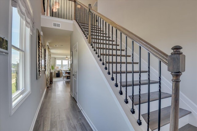 stairway featuring hardwood / wood-style floors, a towering ceiling, and a healthy amount of sunlight