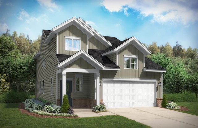 craftsman inspired home featuring a garage and a front yard