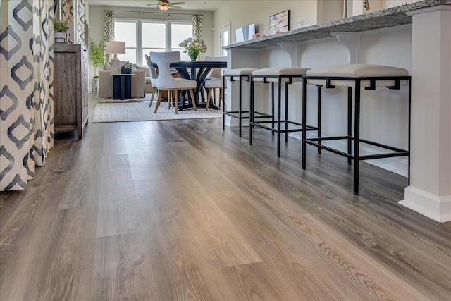 unfurnished dining area featuring ceiling fan and wood-type flooring