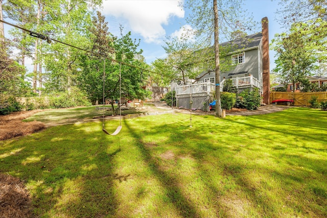 view of yard featuring fence and a deck