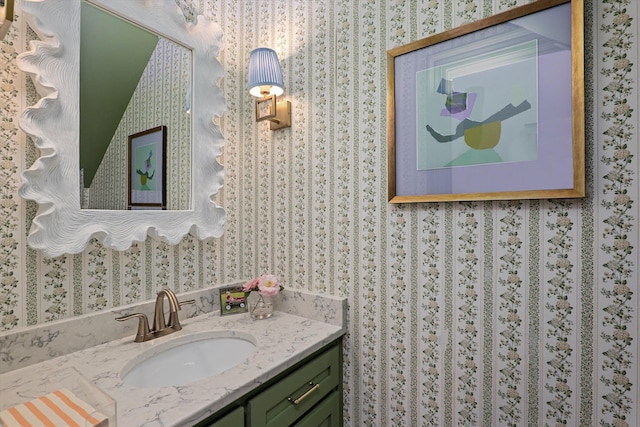 bathroom with wallpapered walls and vanity
