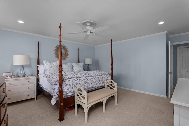 bedroom with recessed lighting, carpet flooring, baseboards, and ornamental molding