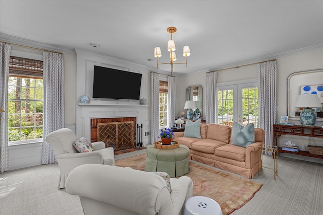 living room with crown molding, light colored carpet, and a fireplace
