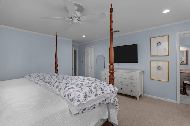 carpeted bedroom featuring crown molding, recessed lighting, baseboards, and visible vents