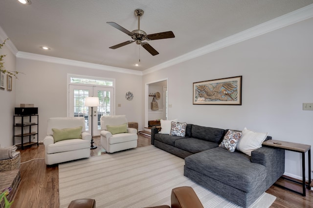 467 Baker Woods Trl, Martinez, GA 30907 - living room with crown molding, a ceiling fan, recessed lighting, and wood finished floors