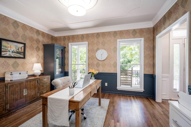 467 Baker Woods Trl, Martinez, GA 30907 - office area featuring ornamental molding, wainscoting, wood finished floors, and wallpapered walls