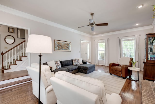 467 Baker Woods Trl, Martinez, GA 30907 - living room featuring a ceiling fan, crown molding, wood finished floors, stairway, and recessed lighting