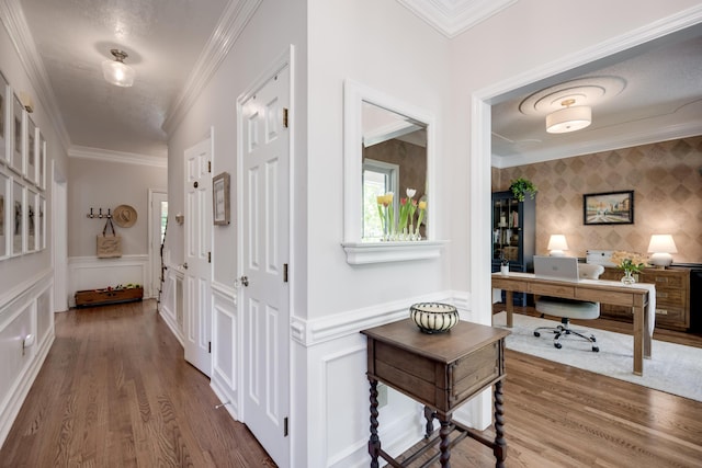 467 Baker Woods Trl, Martinez, GA 30907 - hall with crown molding, wainscoting, a decorative wall, and wood finished floors