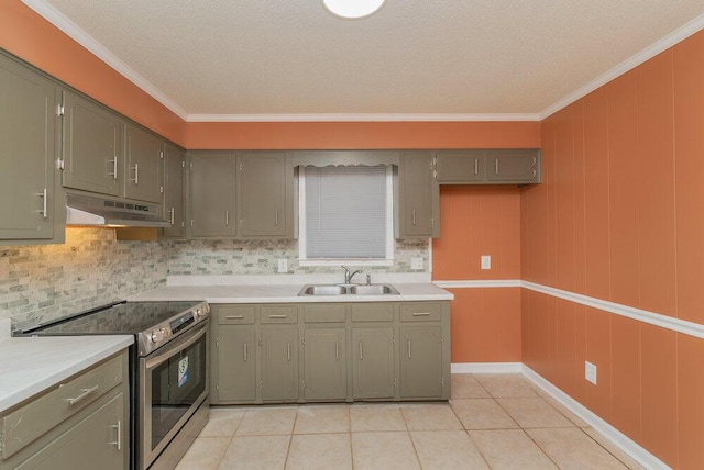 153 Campbell Cir, Hephzibah, GA 30815 - kitchen with electric range, under cabinet range hood, crown molding, backsplash, and light countertops