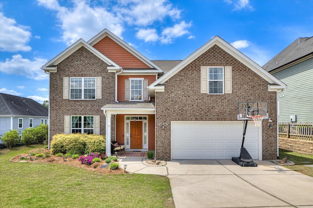 view of front facade featuring an attached garage, a front lawn, brick siding, and concrete driveway